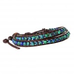 Phoenix Azurite Stone Beads on Brown Leather 2x Wrap Bracelet